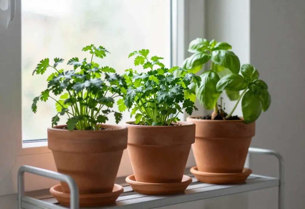How to Grow Parsley Indoors in small pots on sunny windowsill