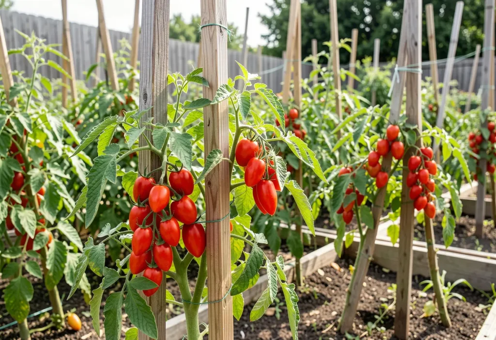 How to Grow Roma Tomatoes – hands staking Roma tomato vines for healthy growth