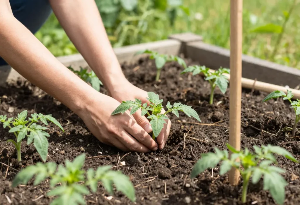 How to Grow Roma Tomatoes – gardener planting Roma tomato seedlings in raised garden bed