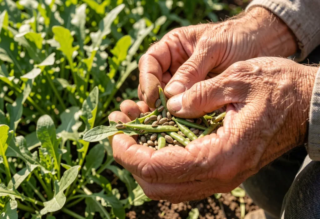 How to Harvest Arugula Seeds – gardener collecting mature arugula seed pods from plant