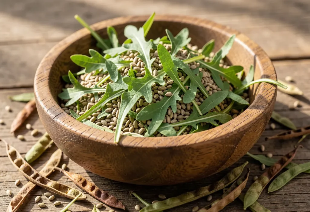 How to Harvest Arugula Seeds – close-up of dried arugula seed pods ready for harvesting