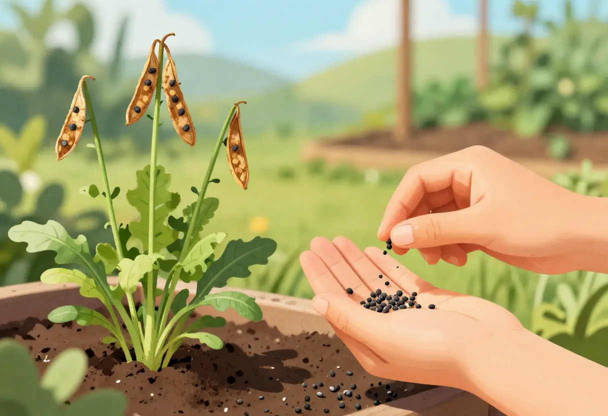 How to Harvest Arugula Seeds – healthy arugula plant with mature seed pods ready to pick