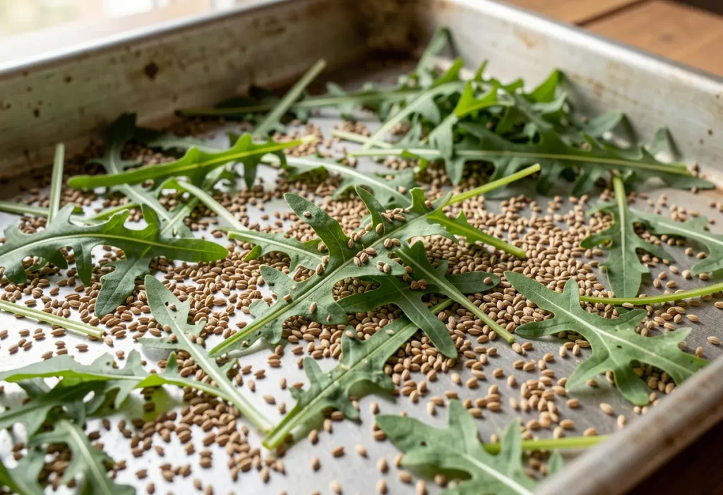 How to Harvest Arugula Seeds – hands removing seeds from arugula pods into container