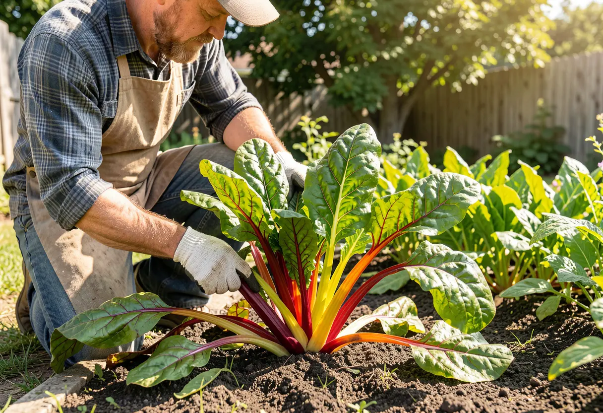 How to Harvest Swiss Chard – hands harvesting fresh Swiss chard from raised bed
