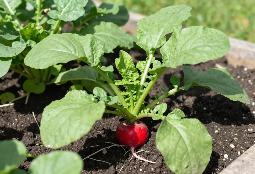 How to Plant Radish Seeds – close-up of small radish seeds being placed in planting row