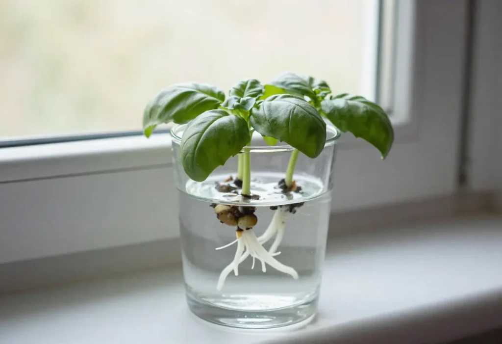 How to Propagate Basil Plant showing roots growing from cuttings