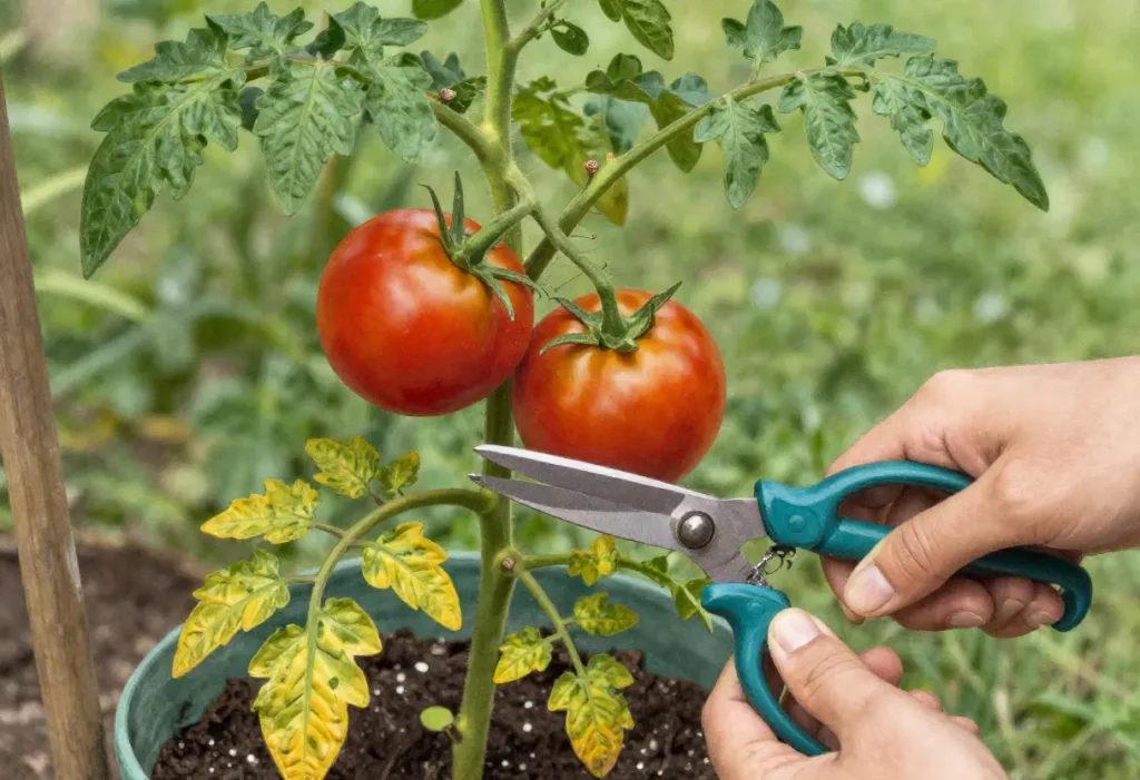 How to Prune Roma Tomato Plants – healthy Roma tomato plant being pruned for better airflow