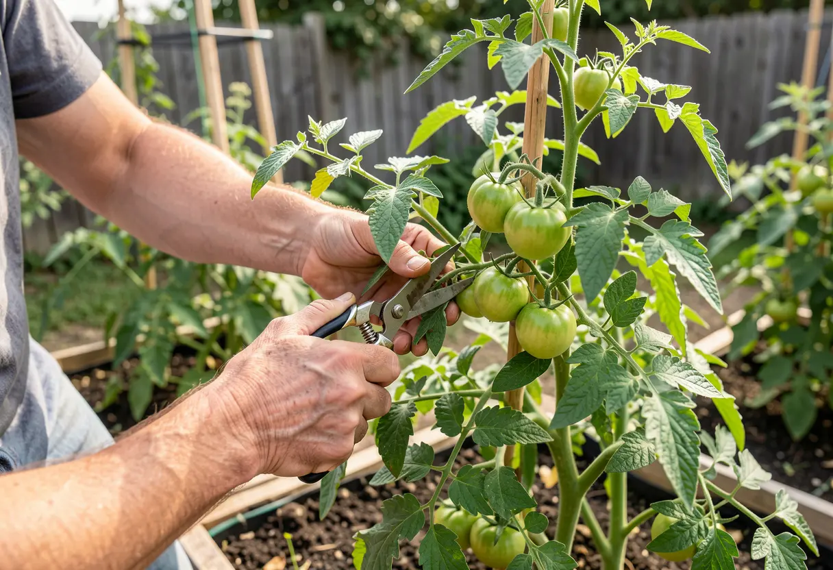 How to Prune Roma Tomato Plants – gardener trimming lower stems of Roma tomato plant