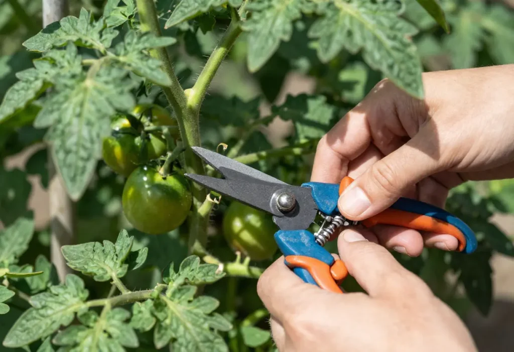 How to Prune Roma Tomato Plants – close-up of hands cutting excess leaves from Roma tomato vines