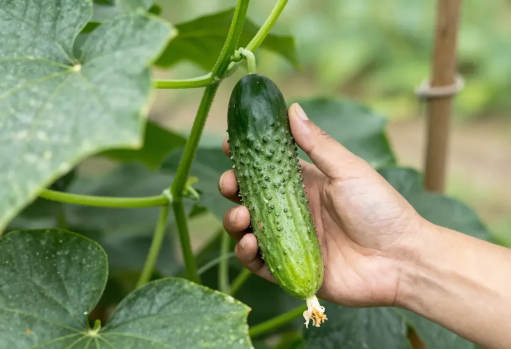 How to Tell When a Cucumber is Ready to Pick – hands holding freshly picked cucumber from garden