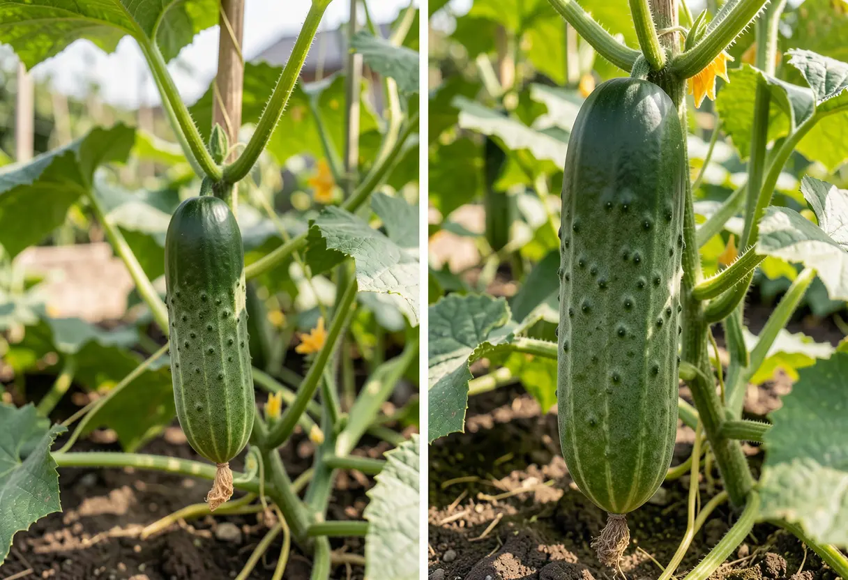 How to Tell When a Cucumber is Ready to Pick – gardener checking size of cucumber on vine