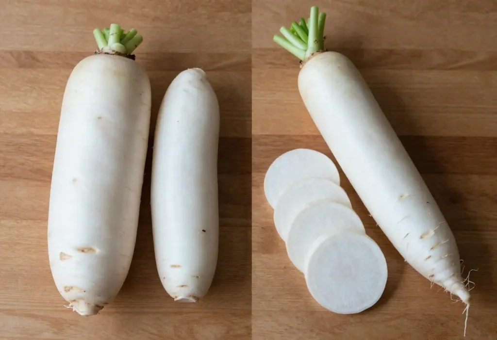 Korean Radish Vs Daikon – visual comparison of Korean radish and daikon harvested from garden