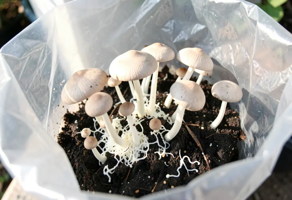 Mushroom Grow Bag Yield – close-up of oyster mushrooms emerging from grow bag