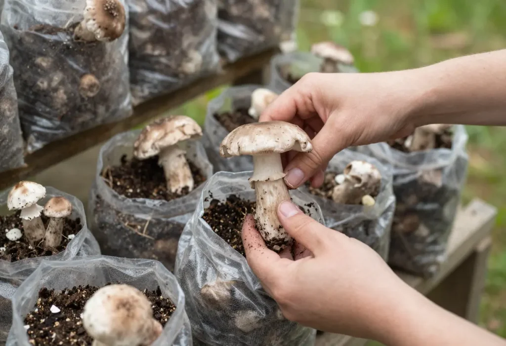 Mushroom Grow Bag Yield – fully colonized mushroom grow bag ready for harvest