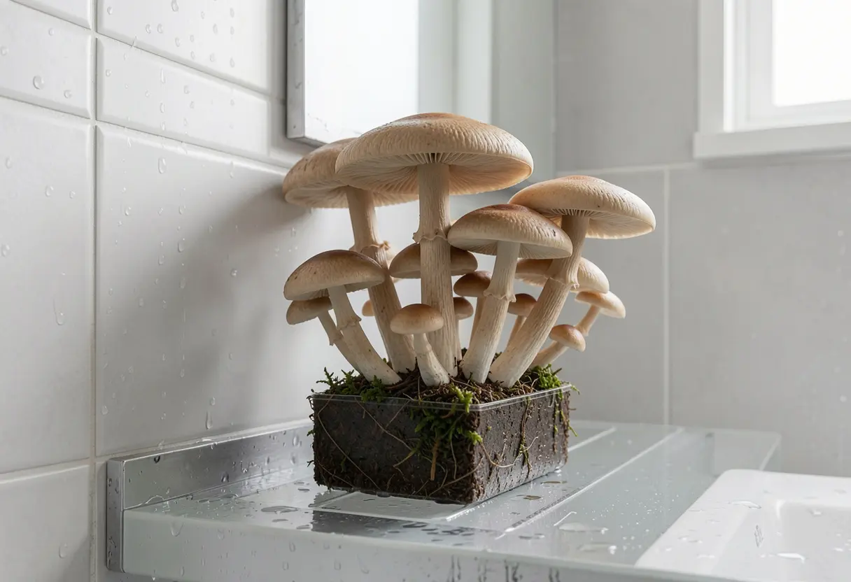 Mushroom Growing in Bathroom – close-up of mushroom growing in moist bathroom corner