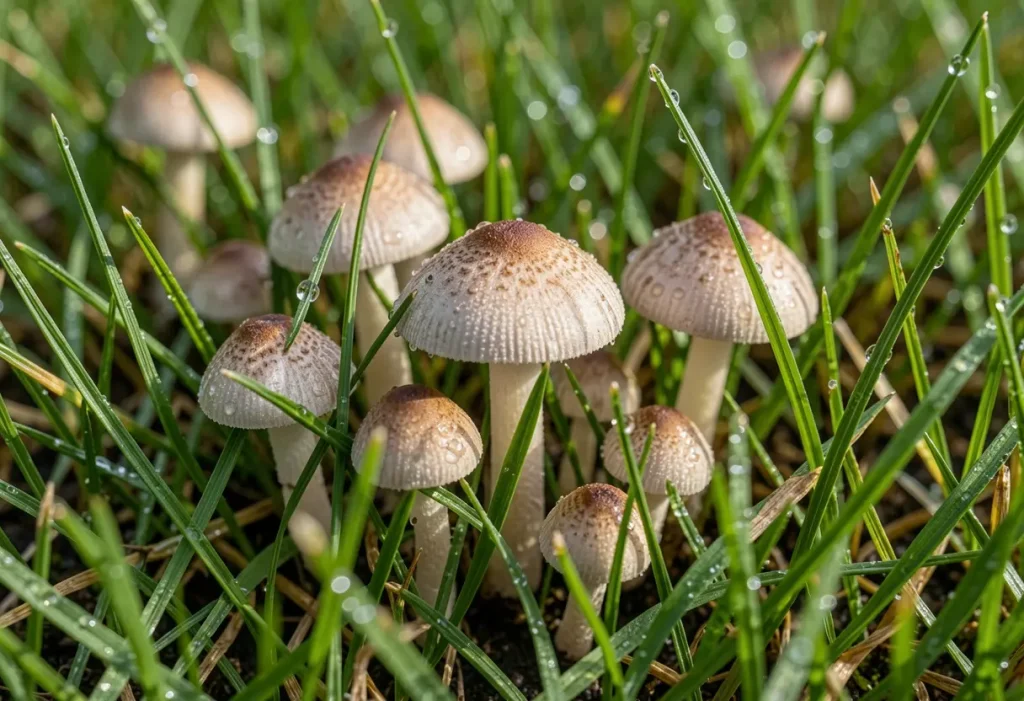 Mushroom Growth on Lawn – close-up of small white mushrooms growing in lawn soil