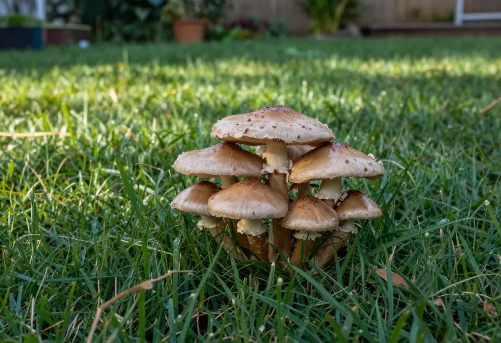 Mushroom Growth on Lawn – cluster of mushrooms appearing on green backyard grass