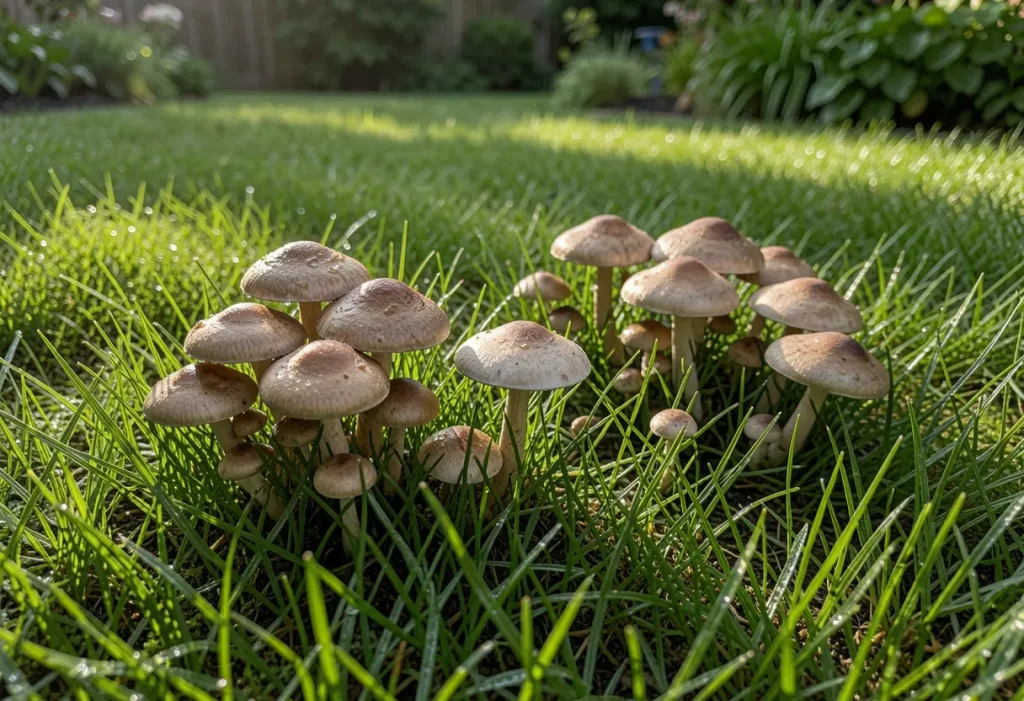Mushroom Growth on Lawn – cluster of mushrooms appearing on green backyard grass
