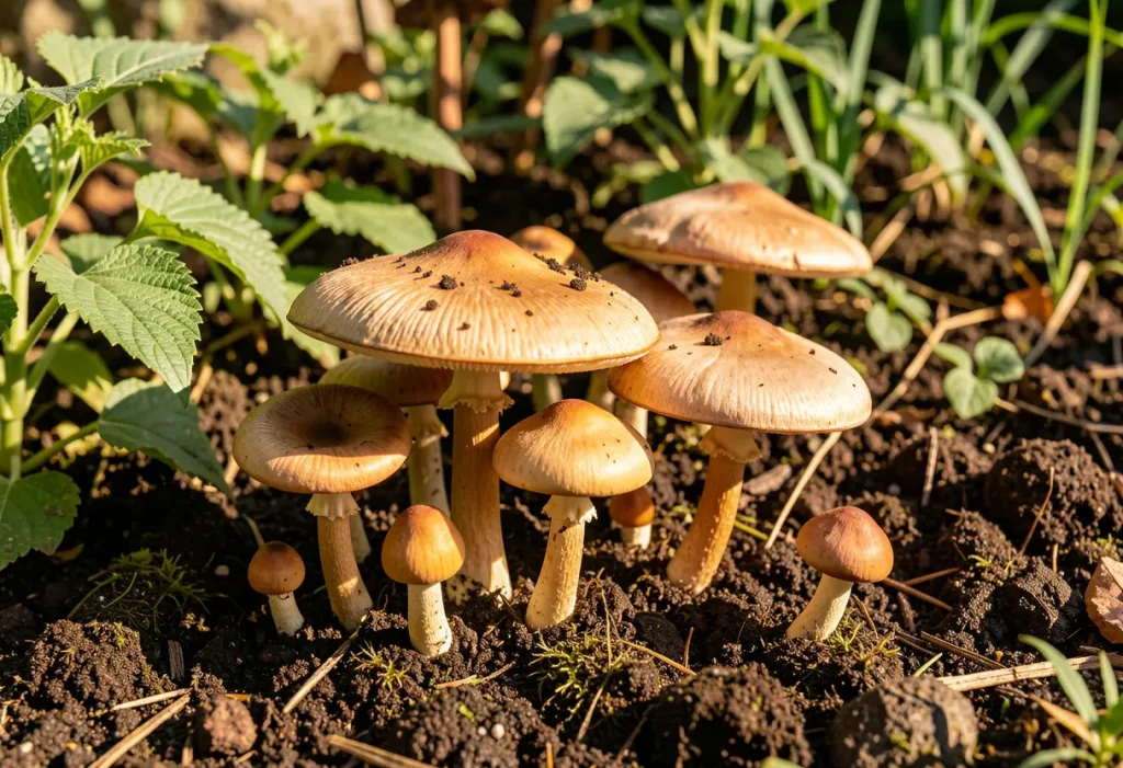 Mushrooms Growing in Garden Bed – freshly appeared mushrooms after rain in raised bed