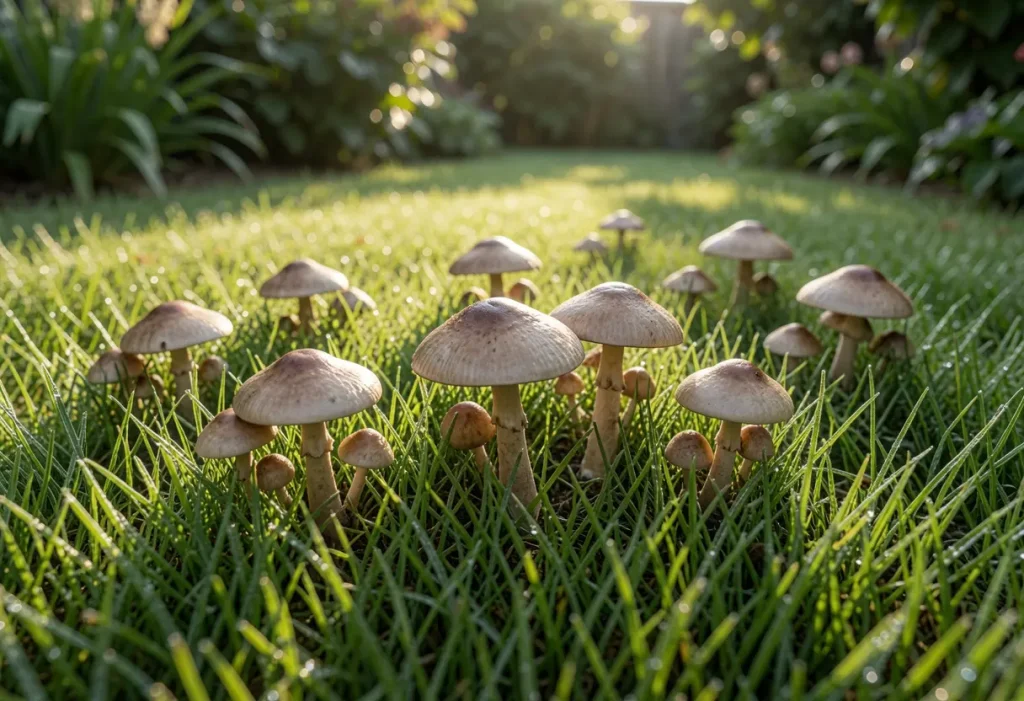 Mushrooms Growing in Grass – small white mushrooms appearing in green lawn grass