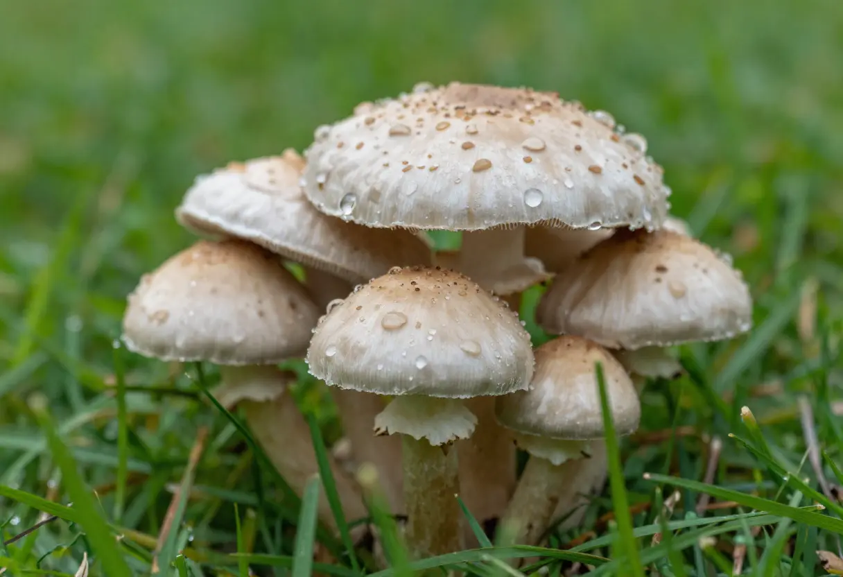 Mushrooms Growing in Grass – cluster of wild mushrooms growing in backyard grass