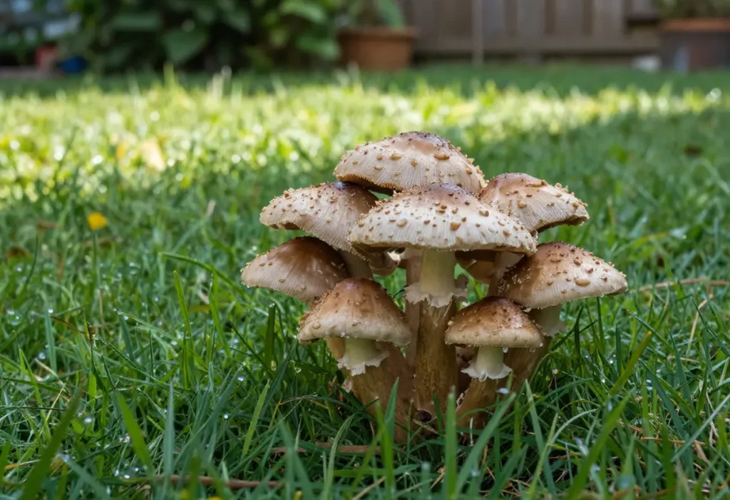 Mushrooms Growing in Grass – close-up of mushrooms sprouting naturally in grassy yard