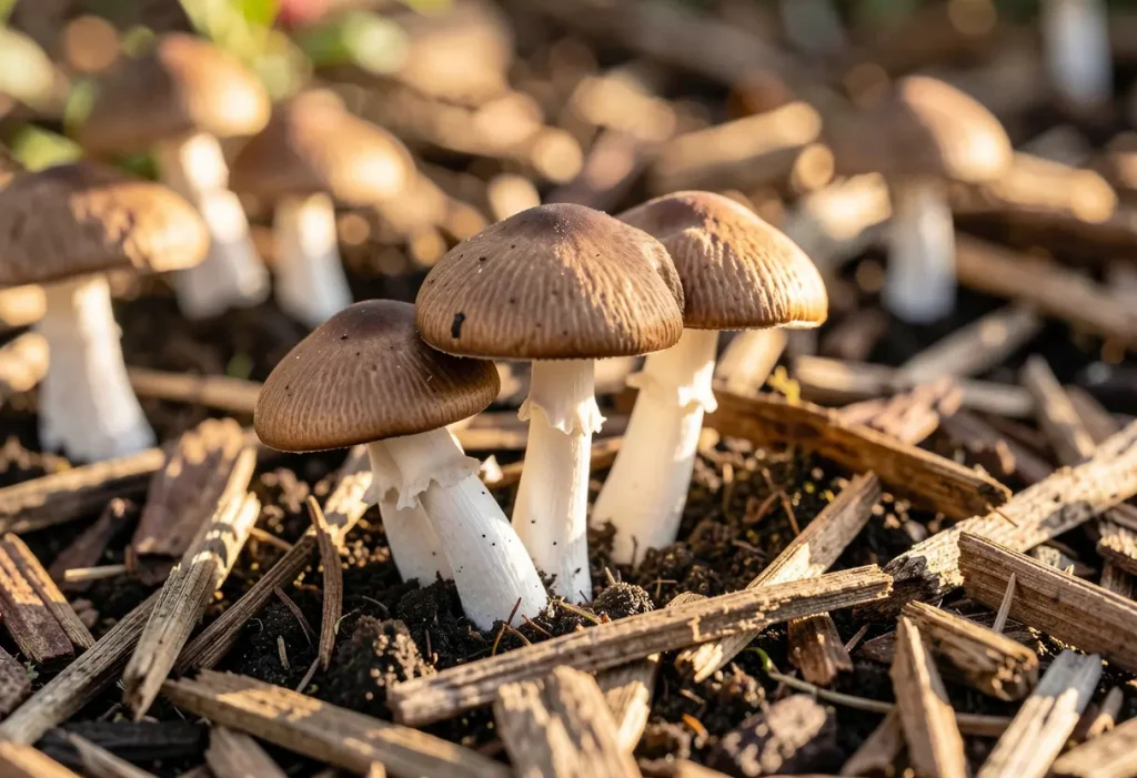 Mushrooms Growing in Mulch – cluster of mushrooms growing among bark and mulch in garden