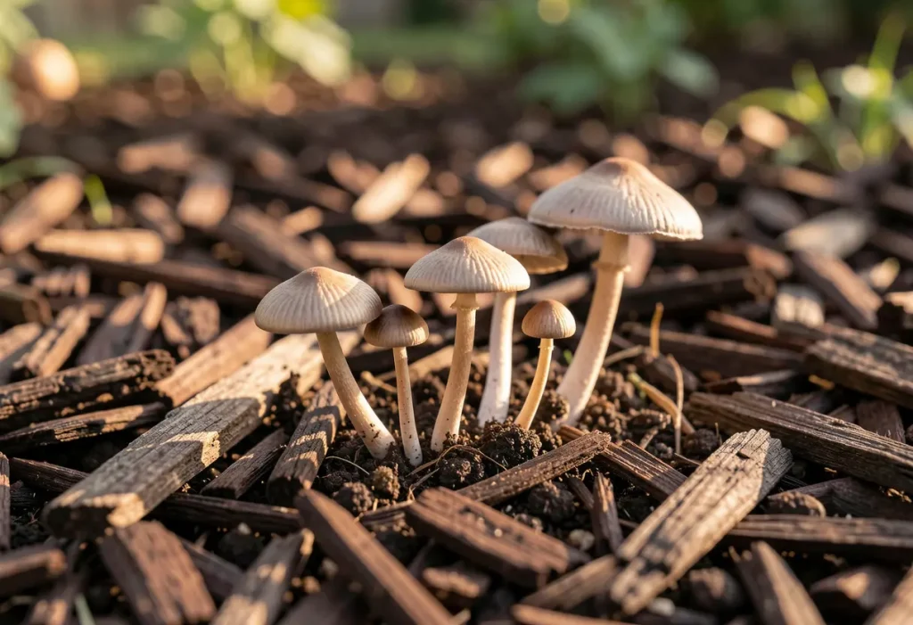 Mushrooms Growing in Mulch – small white mushrooms sprouting from garden mulch