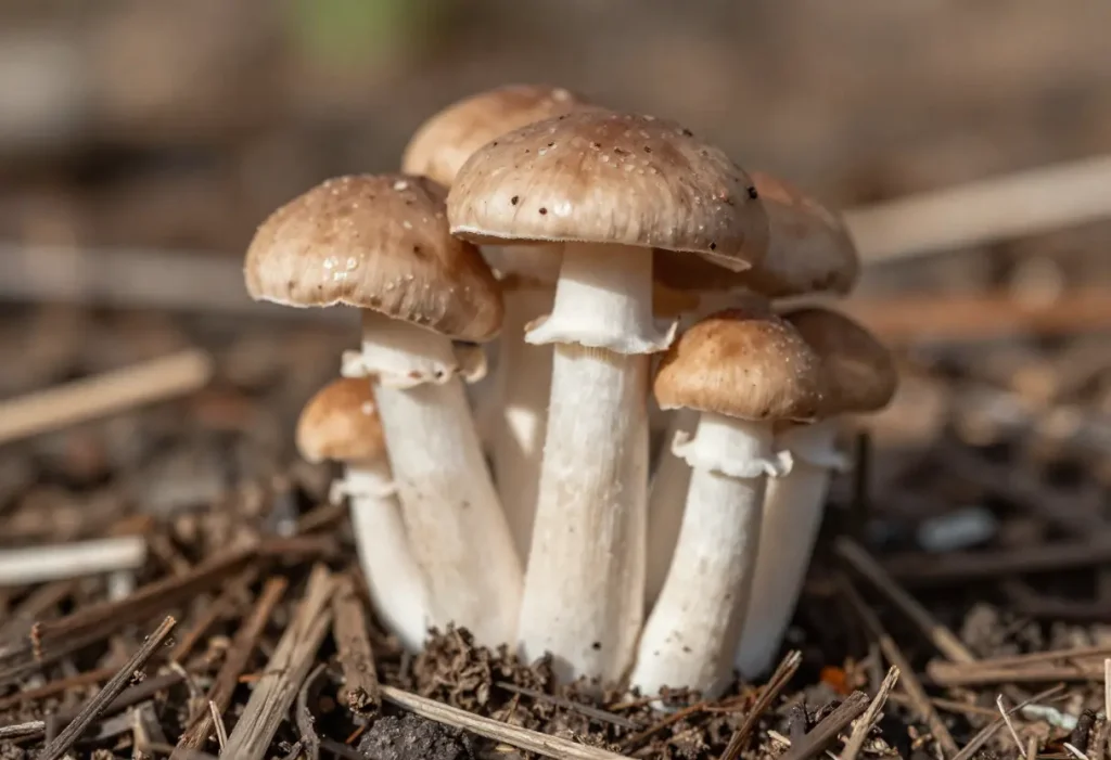 Mushrooms Growing in Mulch – hands inspecting mushrooms appearing naturally in garden mulch