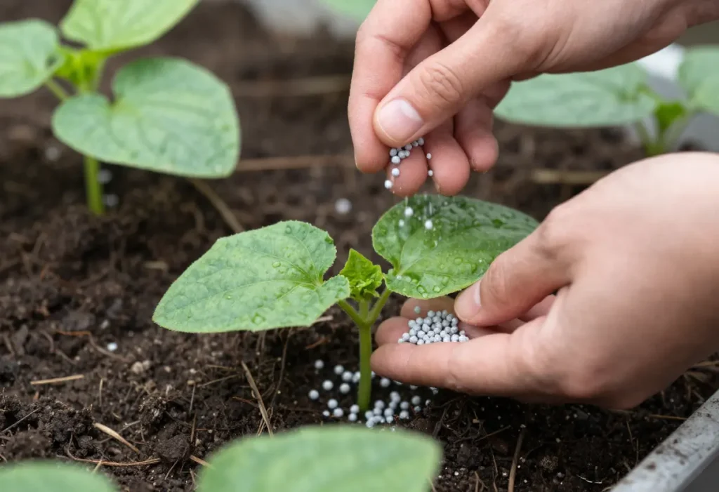 Nitrogen Fertilizer for Cucumbers – close-up of granulated fertilizer spread around cucumber vines