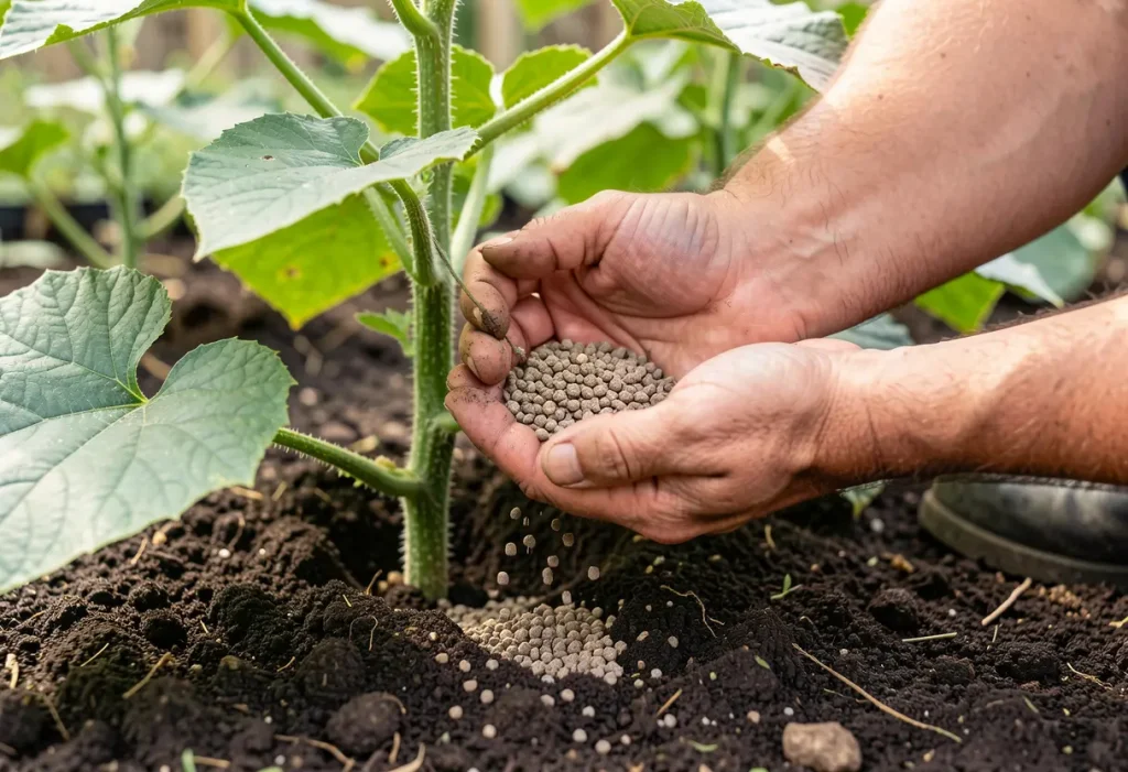 Nitrogen Fertilizer for Cucumbers – gardener applying nitrogen-rich fertilizer to cucumber plants