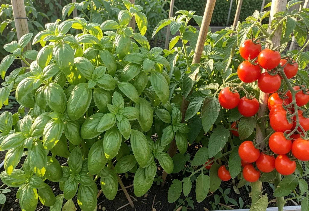 Planting Basil With Tomatoes in a companion planting garden setup