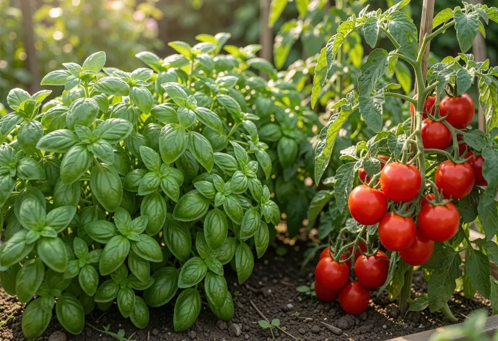 Planting Basil With Tomatoes showing basil and tomato plants growing together