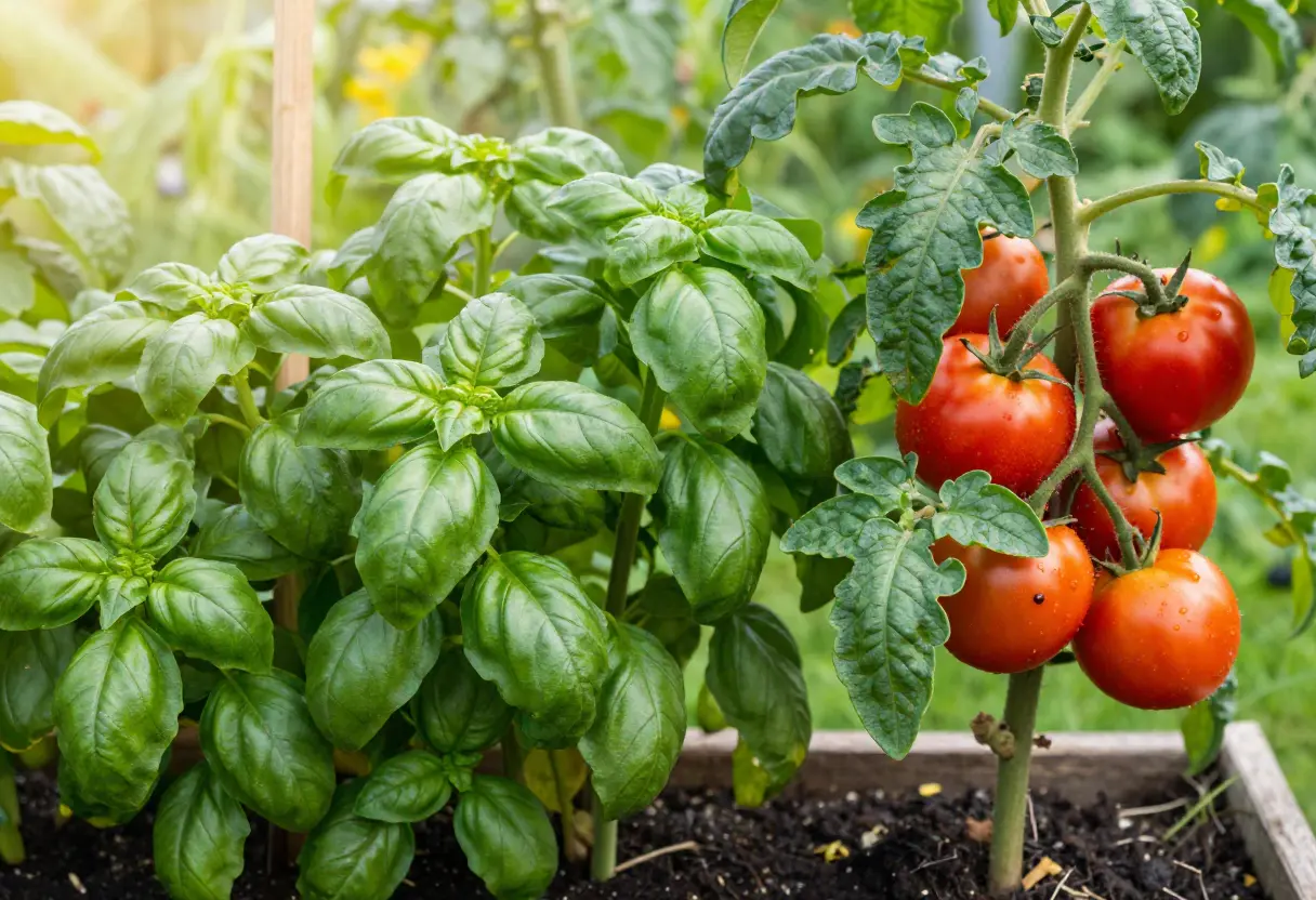 Planting Basil With Tomatoes in raised bed with healthy plants