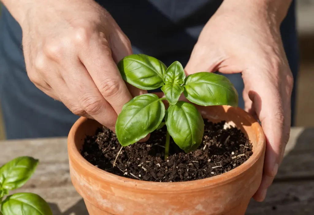 Planting Basil in Pots – gardener sowing basil seeds in a small container