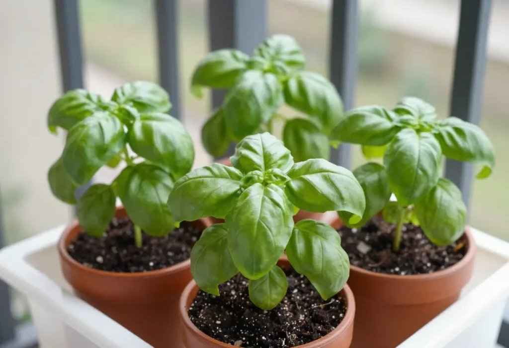 Planting Basil in Pots – hands adding soil around basil plant in pot