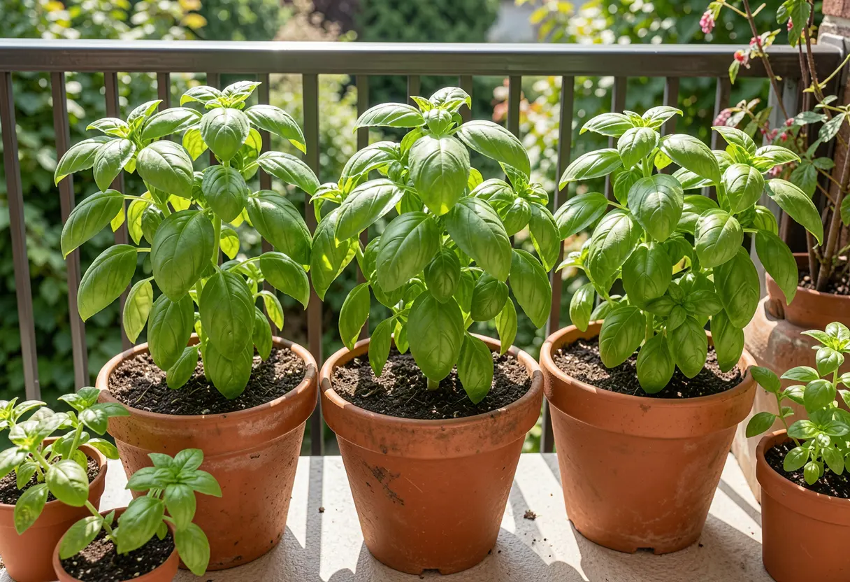 Planting Basil in Pots – close-up of basil seedlings growing in patio pots