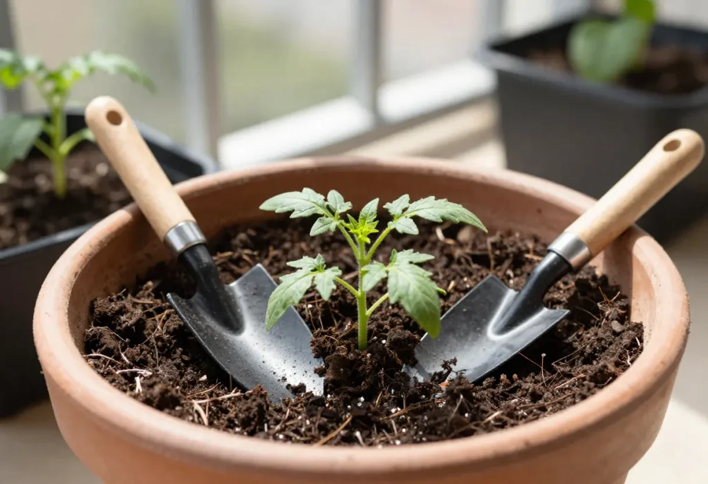 Planting Roma Tomatoes in Pots – gardener transplanting Roma tomato seedlings into container
