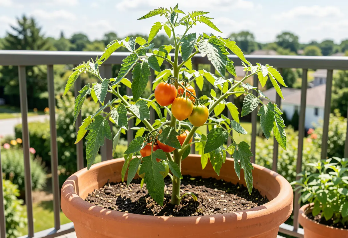 Planting Roma Tomatoes in Pots – close-up of Roma tomato plants growing in patio pots