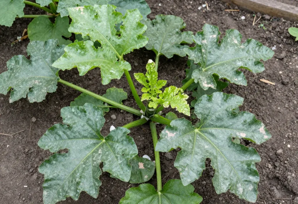 Powdery Mildew on Zucchini Leaves – hands removing infected leaves from zucchini plant