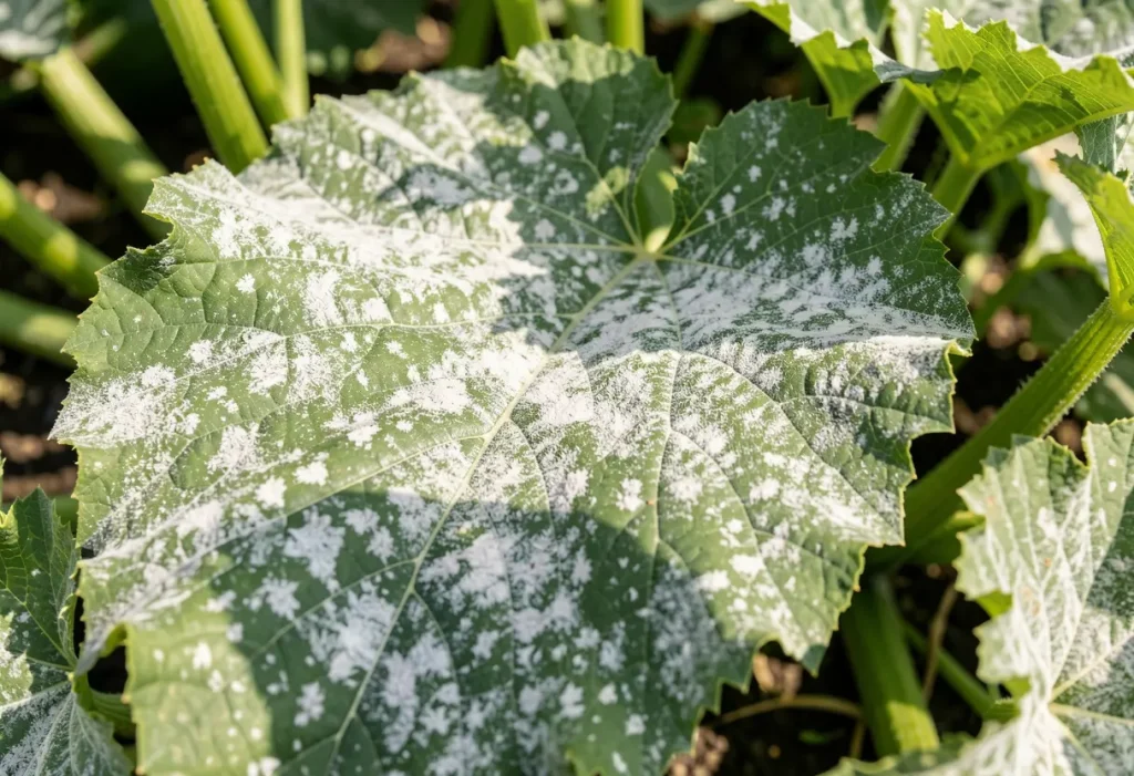 Powdery Mildew on Zucchini Leaves – close-up of white powdery spots on zucchini foliage