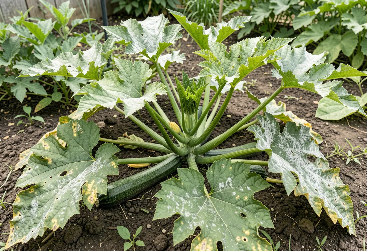 Powdery Mildew on Zucchini Leaves – zucchini leaves showing early signs of powdery mildew disease