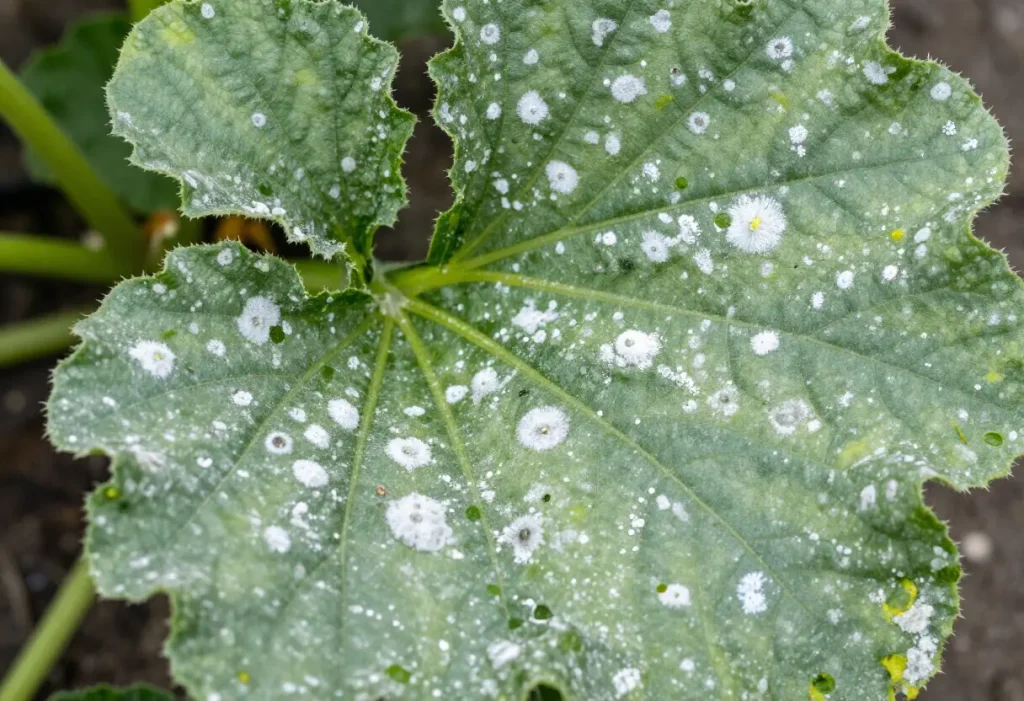 Powdery Mildew on Zucchini Leaves – gardener inspecting zucchini plant affected by powdery mildew