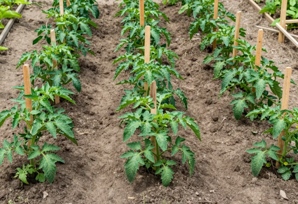 Roma Tomato Plant Spacing – healthy Roma tomato plants growing with proper spacing in backyard garden