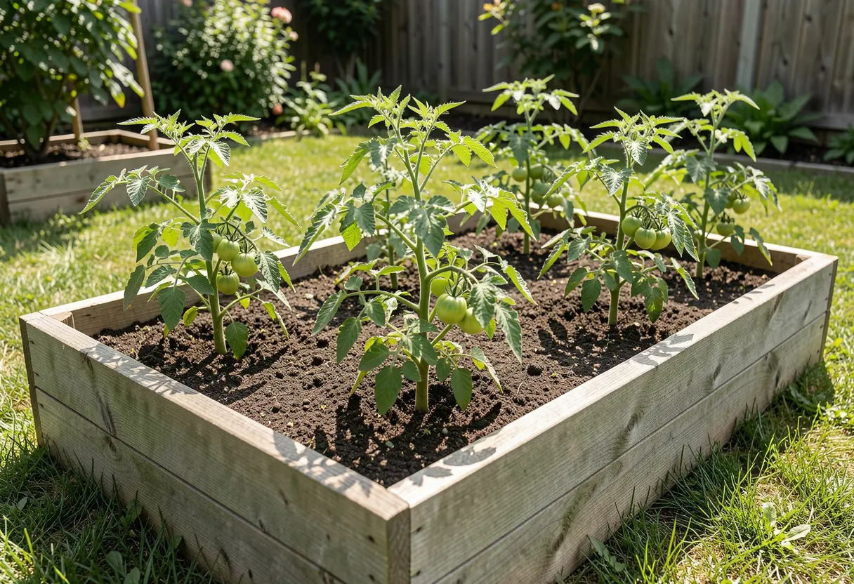 Roma Tomato Plant Spacing – gardener measuring distance between Roma tomato seedlings in garden bed