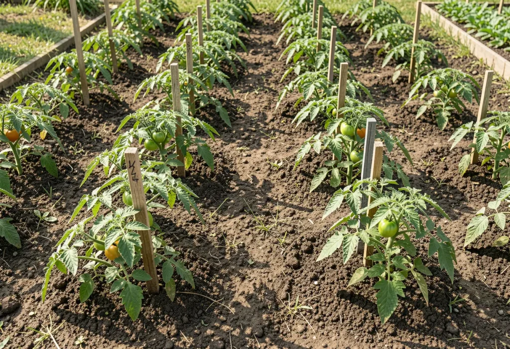 Roma Tomato Plant Spacing – row of Roma tomato plants arranged with ideal spacing for healthy growth