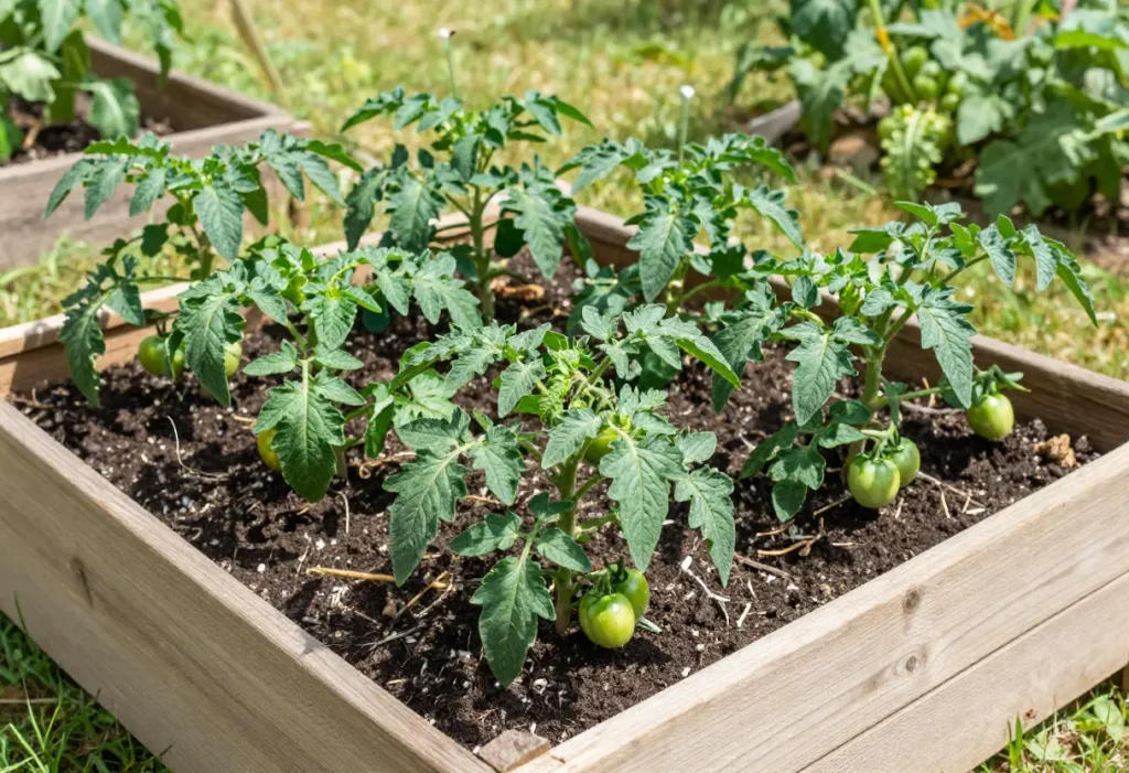 Roma Tomato Plant Spacing – properly spaced Roma tomato plants growing in raised vegetable garden
