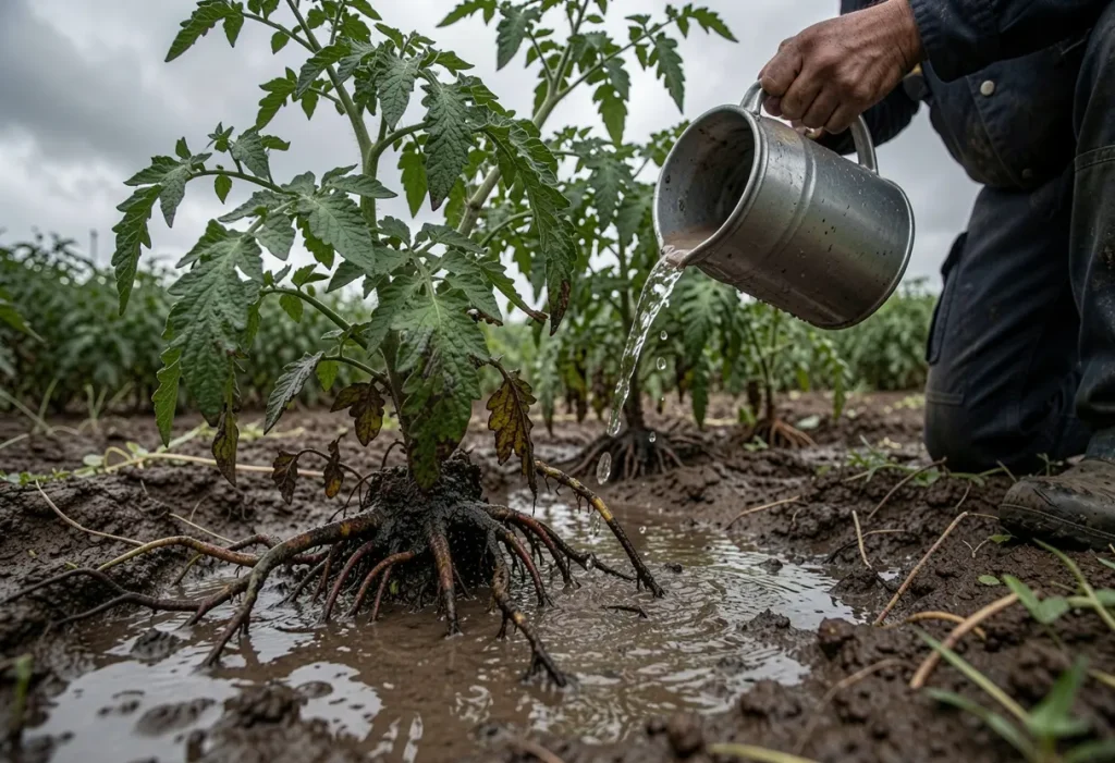 Root Rot in Tomatoes caused by overwatering in container garden