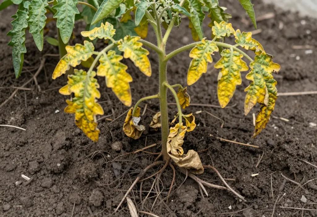 Root Rot in Tomatoes affecting plant growth and yellowing leaves