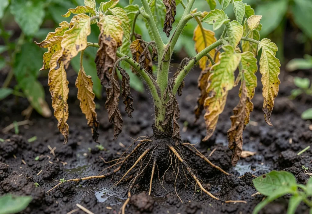 Root Rot in Tomatoes showing wilted plant with damaged roots